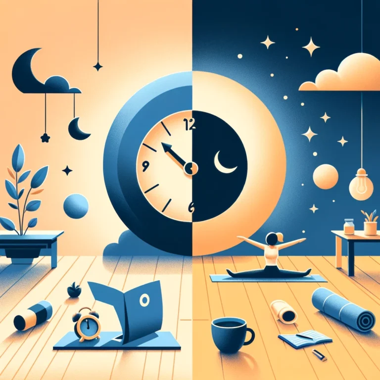 Minimalist image depicting the transition from night to day, featuring a girl in bed facing away on the night side, and a bright sun on the day side. The scene includes subtle elements like a yoga mat and coffee cup, symbolizing a peaceful yet energizing morning routine.
