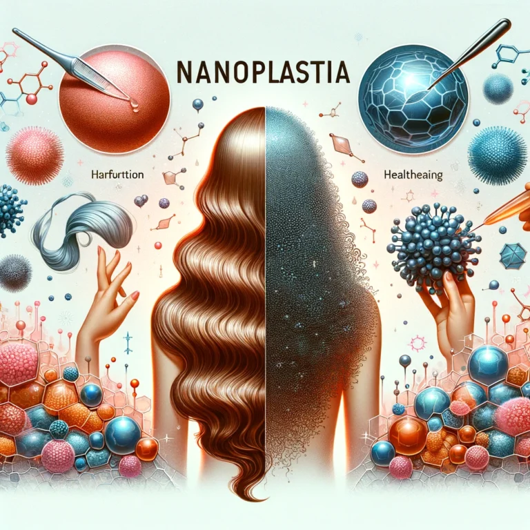 A woman's hair elegantly transforms from frizzy to sleek, highlighting the luxurious impact of Nanoplastia Hair Treatment. The scene radiates a nanotechnology-inspired glow.