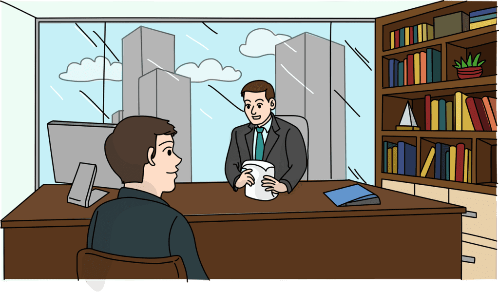 A candidate preparing for an interview sits across from an interviewer in a well-appointed office with a view of city skyscrapers, exemplifying a professional setting to discuss career opportunities.