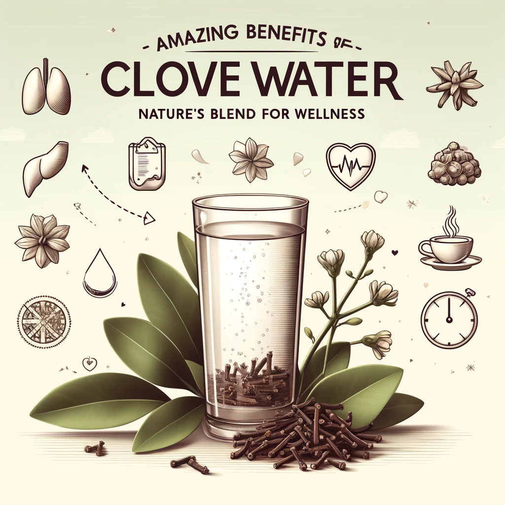 An elegant feature image for a blog post titled 'Amazing Benefits of Clove Water—Nature's Blend for Wellness'. The image displays a serene background with light green and beige tones, featuring a clear glass of clove water with whole cloves at the bottom. Beside the glass, there are clusters of whole cloves and fresh herbs. To the right, a minimalist infographic lists seven health benefits of clove water, represented by simple line art icons—a stomach, lungs, shield, blood drop, face, clock with a steaming mug, and a heart—each accompanied by a brief description, all set in a clean, professional layout that emphasizes natural wellness.