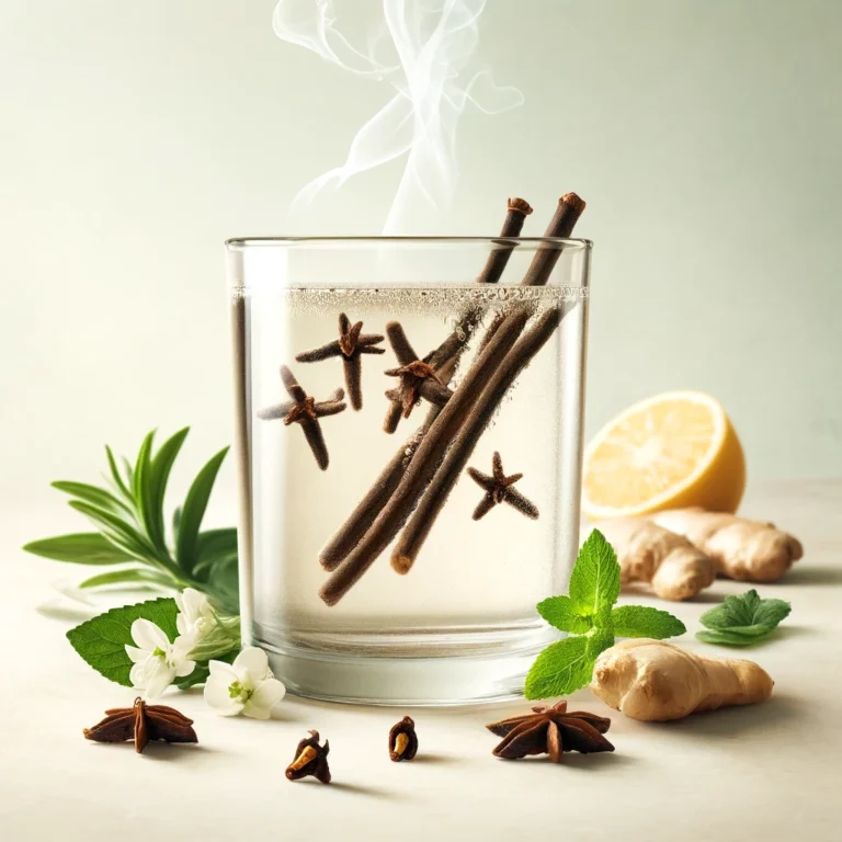 A soothing and inviting image showing a clear glass of clove water with steam rising, cloves settled at the bottom, and surrounded by fresh green sprigs and citrus slices, against a light green and beige background, evoking a sense of natural wellness