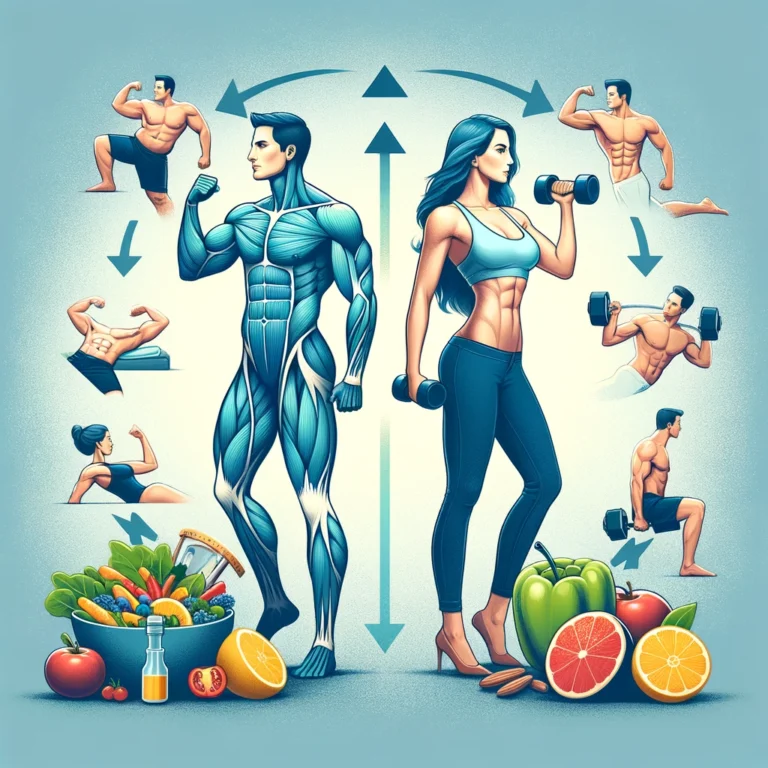 Illustration featuring a male and female figure undergoing a transformation to lose weight and gain muscle simultaneously, surrounded by symbols of healthy eating and fitness, embodying an inclusive journey to physical fitness.