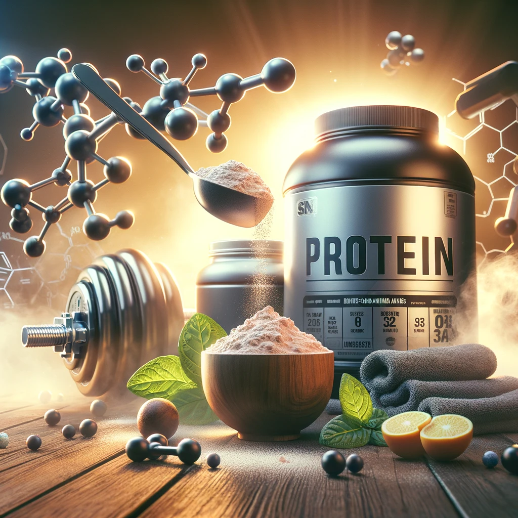 An illustration showing a container of protein powder with a scoop alongside BCAA molecules, set against a backdrop of healthy foods and exercise equipment, emphasizing the role of supplements in muscle recovery and growth within a balanced fitness and nutrition plan.