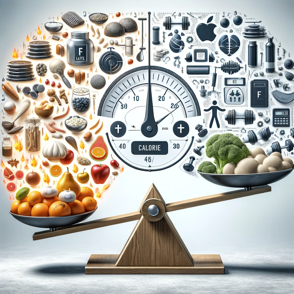 Illustration of a seesaw balancing calorie intake, depicted by food items, against calories burned, represented by exercise symbols like a treadmill and weights, emphasizing the need for balance to lose weight and gain muscle.