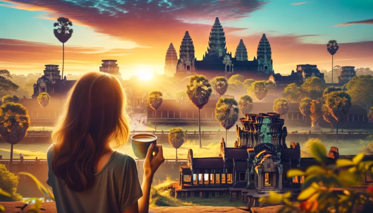 A woman with shoulder-length hair holds a coffee mug, standing before the majestic sunrise at Angkor Wat. The ancient temples are silhouetted against a vibrant sky streaked with shades of orange and blue. It's a moment of solitude that captures the essence of solo travel.