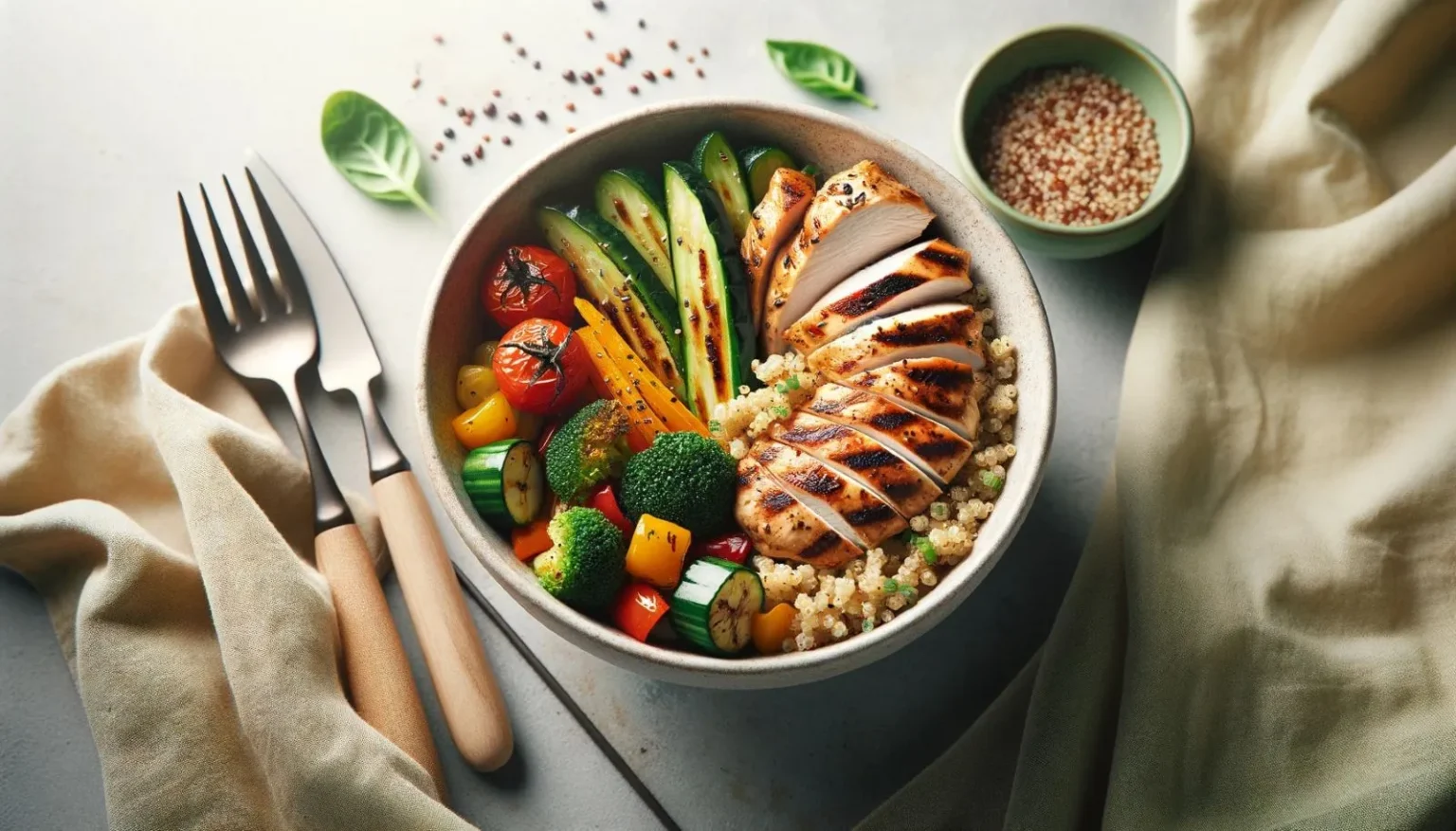 Healthy homemade fast food bowl with grilled chicken, roasted vegetables, and quinoa on a minimalist background, emphasizing simplicity and nutritious dining at home.