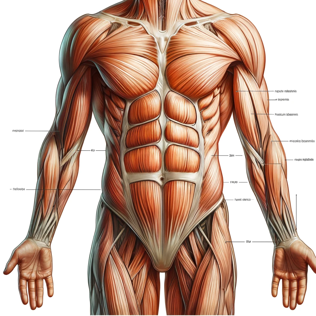 Anatomical illustration of a human torso showing detailed muscle structure with a focus on the abdominal muscles, including labeled segments of the rectus abdominis and obliques, designed for educational purposes and six-pack abs.