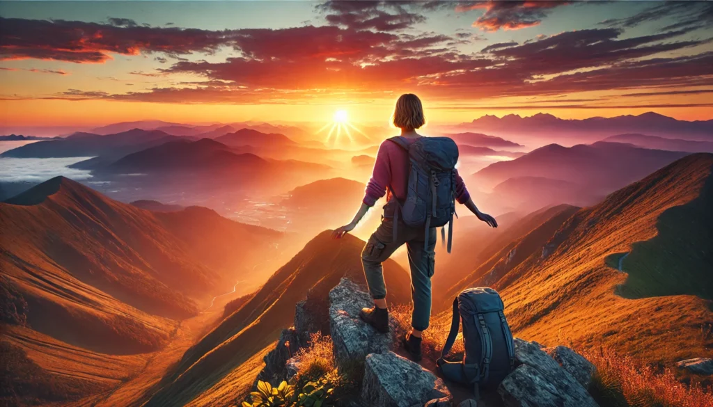 A solo female traveler stands on a mountain cliff at sunset, gazing at a breathtaking panorama, symbolizing the freedom and adventure of solo travel for women.